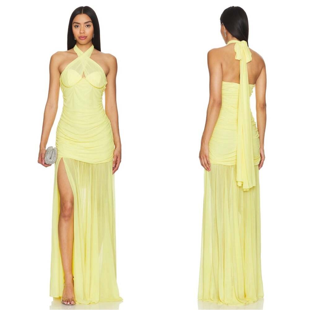 RETROFETE Maisie Sheer Draped Ruched Chiffon Halterneck Yellow Maxi Dress Sz XS